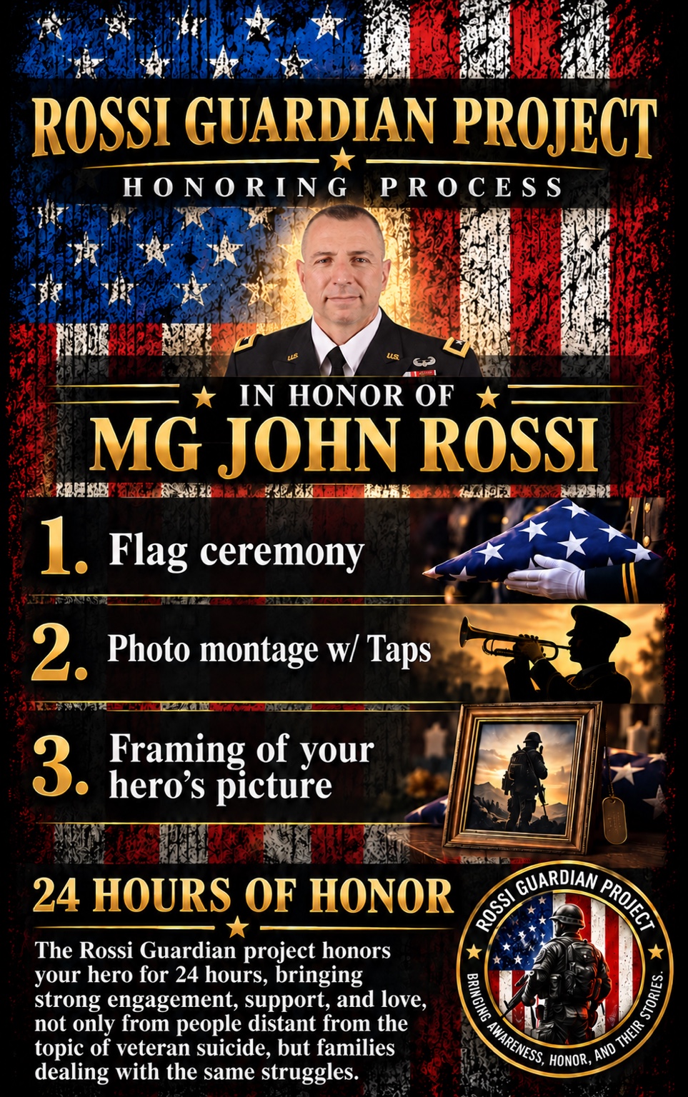 Honoring process in honor of MG John Rossi: flag ceremony; photo montage with Taps; framing your hero’s picture; 24 hours of honor